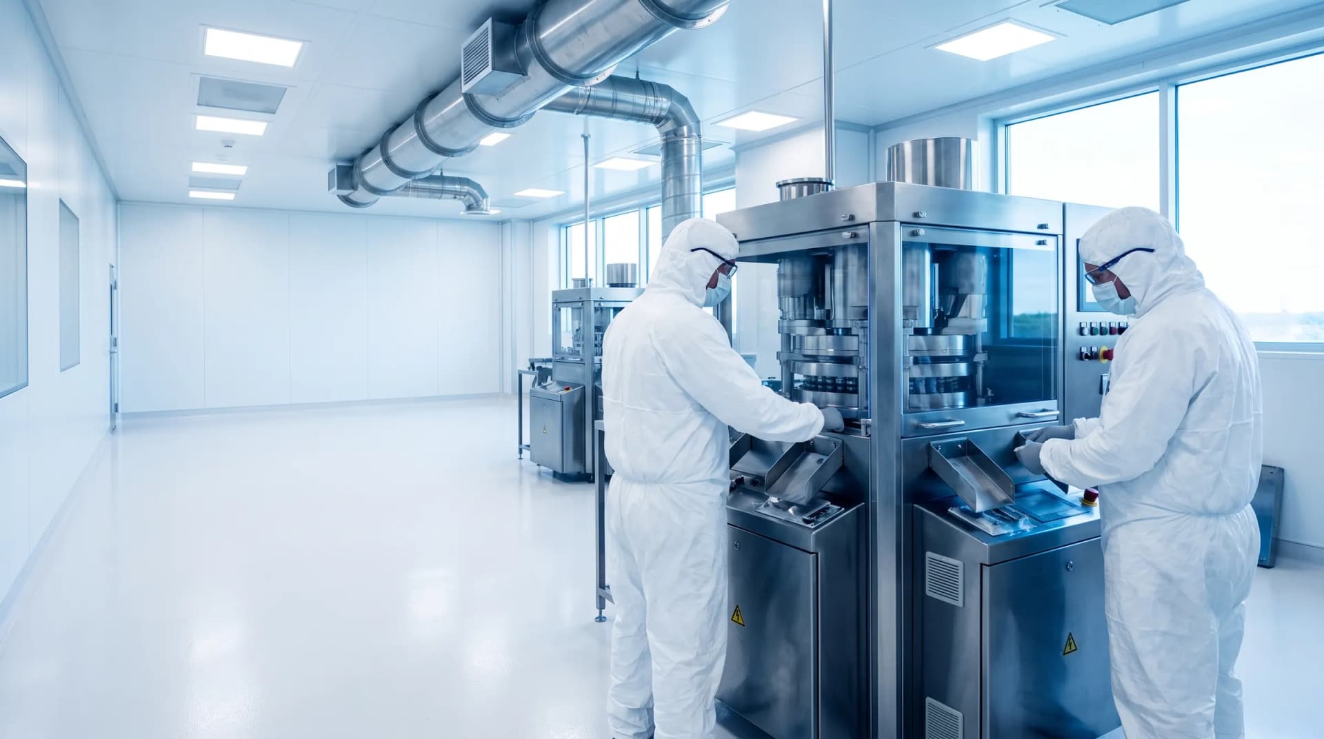 Stainless steel pharmaceutical production line viewed through observation glazing in a manufacturing corridor.