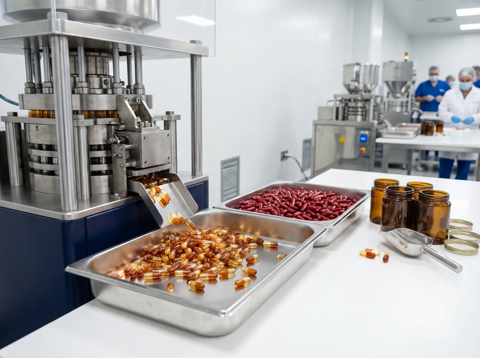 Capsule filling bench with trays of red and navy nutraceutical capsules and liquid concentrates.