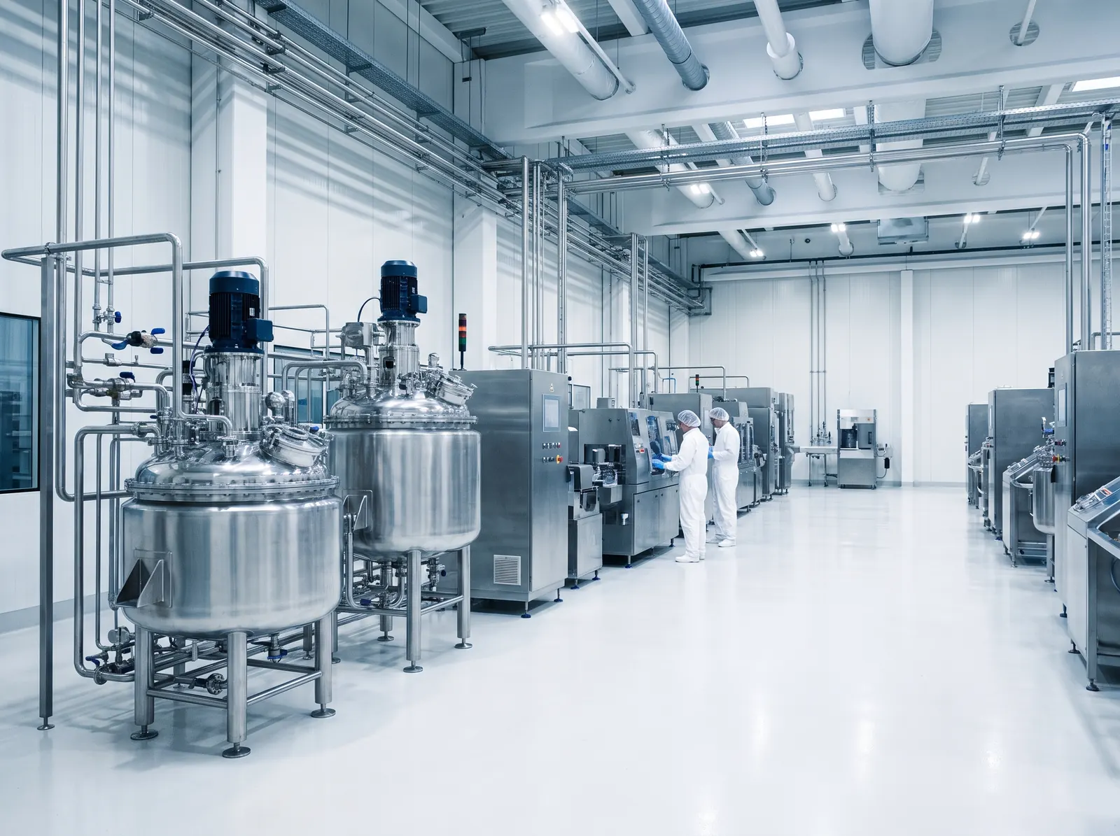 Pharmaceutical cleanroom with a tablet press installed on polished epoxy flooring.
