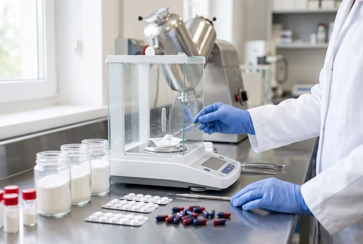 Formulation laboratory bench with blending equipment, powder samples, tablets and capsules.