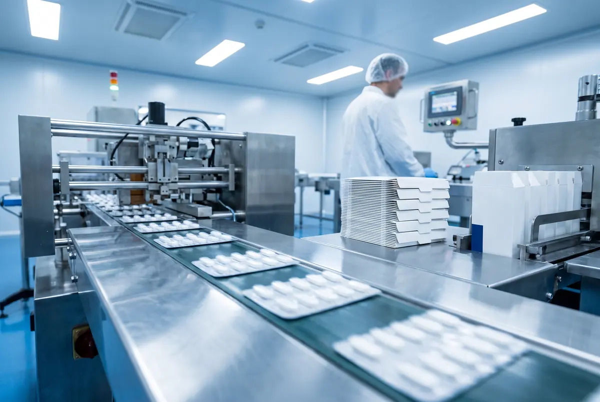 Blister packaging line running aluminium strips of tablets through a sealing station.